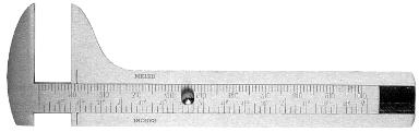 Präzisions-Taschenmeßschieber DIN 862 für 4-fach-Messung aus rostfreiem Stahl (Inox), ganz gehärtet Doppelprismenführung parallaxfreie Ablesung mit Kreuzspitzen und Tiefenmeßstab Rückseite mit