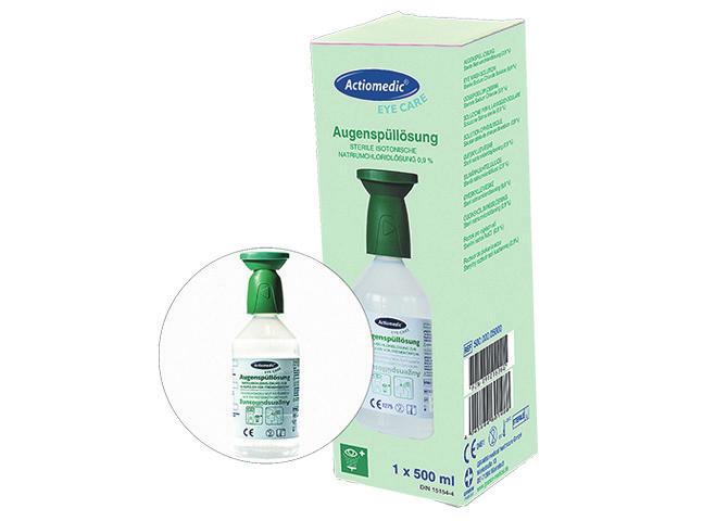 Augenspülflasche mit 0,9% Natriumchloridlösung 500 ml Nr. 500.000.05000 Sterile Augenspülflasche mit Natriumchloridlösung, entspricht DIN 15 154-4, zum Ausspülen von Fremdkörpern, z.b.