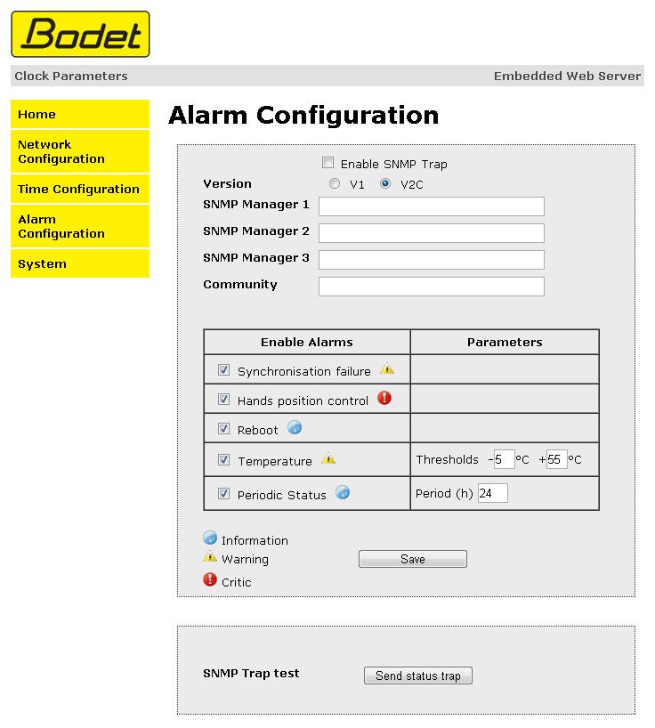 5.4 Die Seite Alarmkonfiguration Diese Seite ermöglicht die Aktivierung der Überwachung der Uhr und die Festlegung der Informationen, die übertragen werden, und des Ziel-Servers.