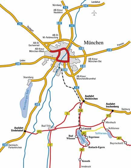 München Salzburg, bis zur Ausfahrt Irschenberg, weiter über B472 / B307 an den Tegernsee. Mit der Bahn Fernzüge aus ganz Deutschland und Europa kommen täglich in München an.
