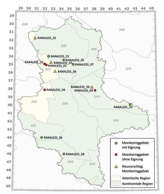 Abb. 27: Lage der Monitoringflächen des Kleinen Wasserfroschs in Sachsen-Anhalt. Naturräume (nach BfN 2008) siehe Abb. 24.