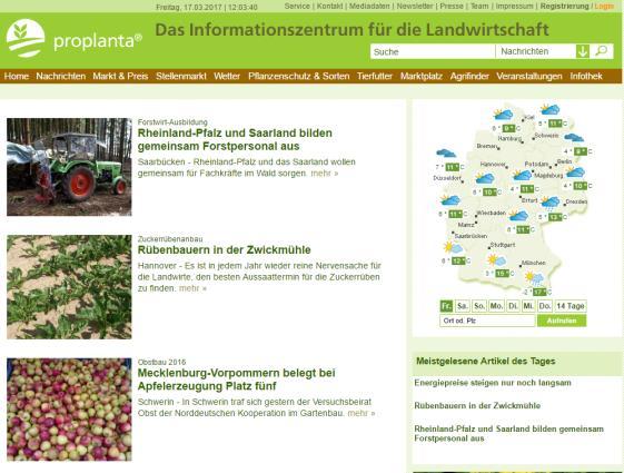Proplanta - Das Informationszentrum für die Landwirtschaft Factsheet Proplanta proplanta.de Proplanta ist das meistbesuchte, unabhängige Agrar Fachmedium im Internet.