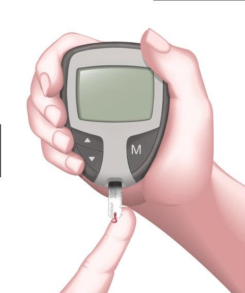 Messvorgang Durchführen der Blutzuckermessung 10 4. Die Spitze des Sensors sofort an den Blutstropfen halten. Das Blut wird durch die Messöffnung in den Sensor eingesaugt.