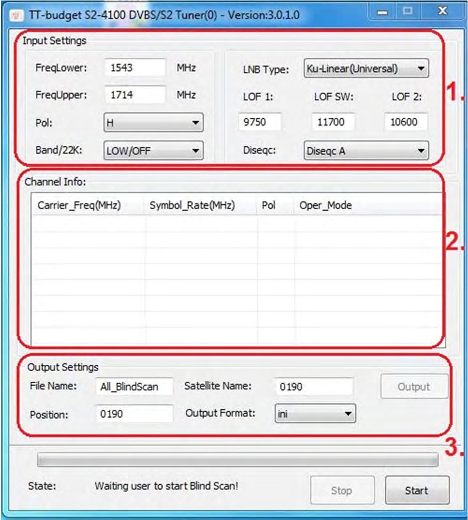 Das TT-BlindScan Tool -Fenster Das TT-BlindScan -Fenster kann in die folgenden drei Hauptbereiche