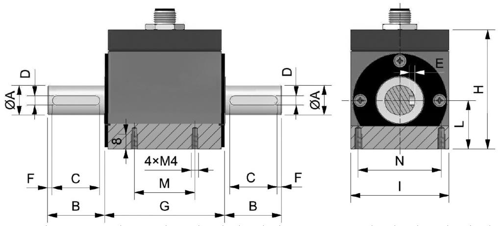 Drehmomentaufnehmer RT2 Besondere Merkmale Rotierender Aufnehmer mit Schleifringen Anschluss über Wellenende (optional Vierkant)