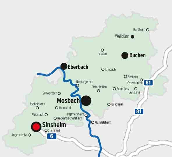 Sinsheim) Rhein-Neckar-Kreis (Teile) Größte Städte 4) Sinsheim Mosbach Buchen Eberbach Walldürn Gundelsheim Hardheim Osterburken Billigheim Elztal-Dallau Waibstadt Adelsheim 35.439 EW 23.