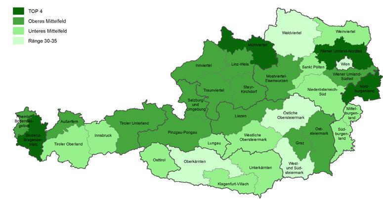 Karte 1: Verknüpfung von Wohlstandsindikatoren Unter den 35 österreichischen NUTS 3-Regionen erreichen die Regionen Mühlviertel, Bludenz- Bregenzer Wald, Nordburgenland und Wiener Umland-Nordteil die