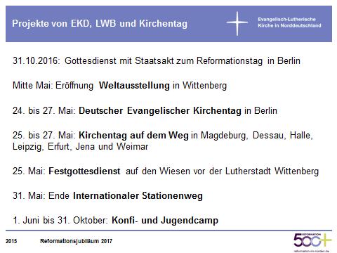 161 Die Aktivitäten die EKD, des Kirchentages, der Kirchenbünde und des Bundes konzentrieren sich zwischen dem 31.10.2016 und dem 31.10.2017 fast gänzlich auf Wittenberg.