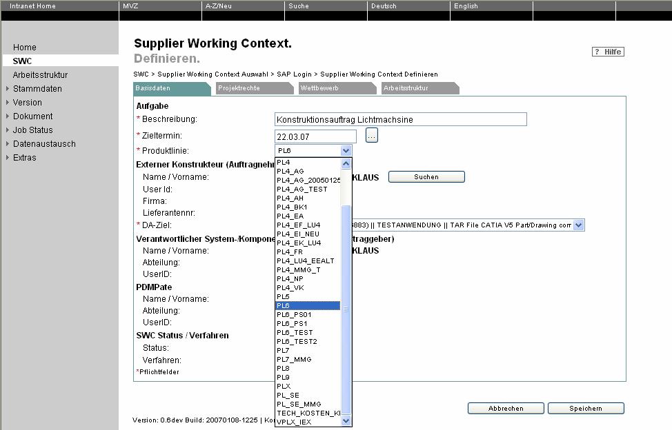 Use Case SWC Unter dem Menüpunkt SWC ist es dem Anwender möglich einen neuen Supplier Working Context anzulegen und näher zu spezifizieren.
