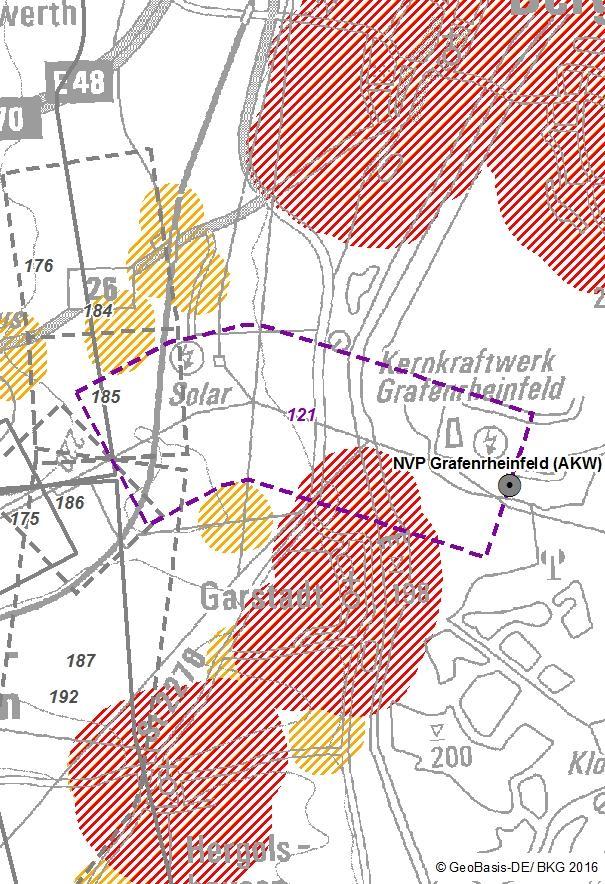 Kurzsteckbrief Trassenkorridorsegment 121 Anbindung an den NVP Grafenrheinfeld Übersicht Trassenkorridorsegment (TKS) gelb schraffiert: 200 m Abstandsfläche zur Wohnbebauung im Außenbereich rot