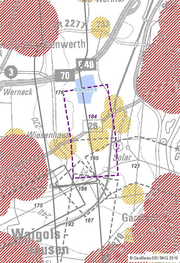 Kurzsteckbrief Trassenkorridorsegment 184 Anbindung Konverterstandortbereich 8 Übersicht Trassenkorridorsegment (TKS) gelb schraffiert: 200 m Abstandsfläche zur Wohnbebauung im Außenbereich rot