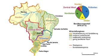 Über den Info- Button können die fünf Großregionen Brasiliens eingeblendet werden. In einem Kreisdiagramm wird deutlich, dass auch der Großteil der Bevölkerung Brasiliens im Südosten des Landes lebt.