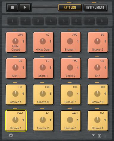 Arbeiten mit den Pads Pattern-Pads Der Pad-Bereich enthält 16 Pattern-Pads. Jedes Pad ist einer MIDI-Note zugewiesen.