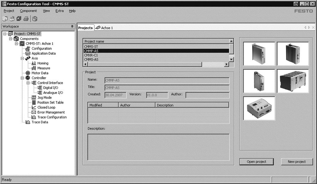 Programmierhilfe Einfache Programmierung mit FCT-Software Festo Configuration Tool Softwareplattform für elektrische Antriebe von Festo Alle Antriebe einer Anlage können im gemeinsamen Projekt