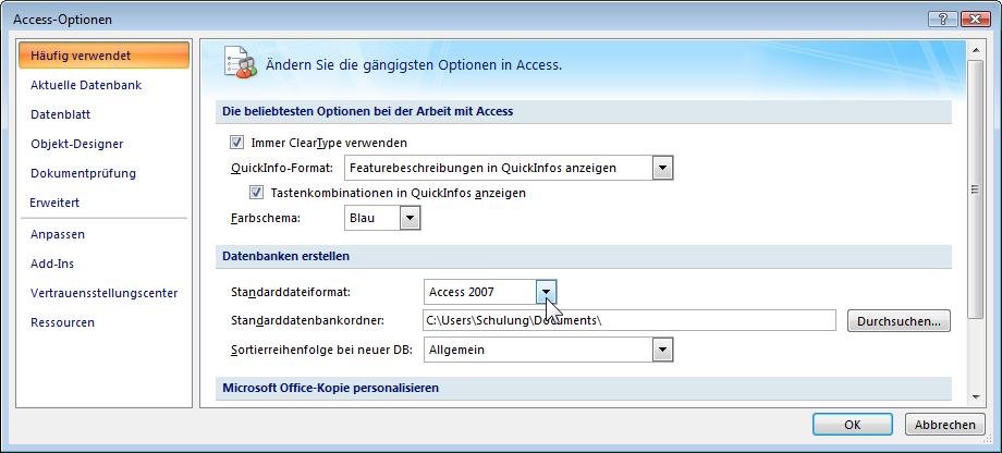 20.4 Access Dateiformat Datei- Menü In der Titelleiste des Datenbankfensters steht in Klammern die Art des aktuellen Dateiformates.