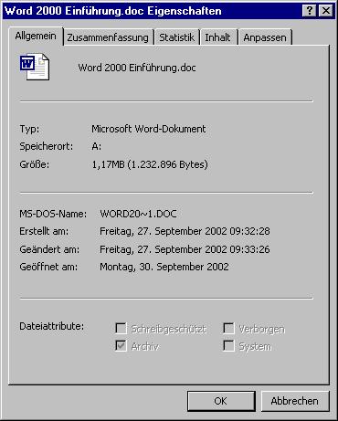 Das Dialogfenster Eigenschaften eines Word-Dokuments hat verschiedene Registerkarten.