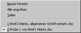 8 Fenster Das aktuelle Dokument hat den Dateinamen Brief2 Heintz, Internet-Auftritt. Dieser Name steht im oberen Rand des Fensters. In Word können Sie mit mehreren Fenstern arbeiten.