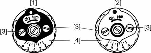 Inbetriebnahme Bild 23: Drehmoment-Messköpfe [1] Messkopf schwarz für Drehmoment Richtung ZU [2] Messkopf weiß für Drehmoment Richtung AUF [3] Sicherungsschrauben [4] Skalenscheiben 1.