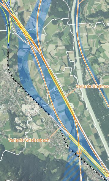 Verknüpfungsstelle Breitmoos (Grobtrasse Breitmoos) Infrastrukturanpassungen, u.a. Verlegung Bestandsstrecke 5702 zwischen Fischbach und Brannenburg Verlegung Bf Brannenburg (ca.