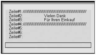 KLISCHEE (23) Bis zu 7 Textzeilen können als Bonkopf programmiert warden, mit bis zu 42 Zeichen pro Zeile. Auswahl Menü [23] und [ENTER] drücken. Mit den Tasten!