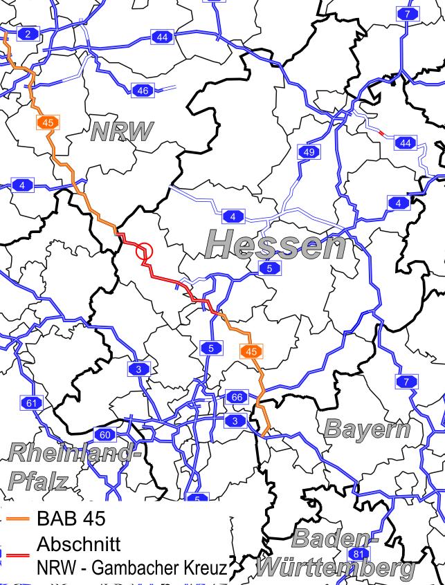 A 45 zwischen AK Gambach (A5/A45) und der Landesgrenze NRW- 6-streifiger Ausbau und Neubau von 22 Talbrücken Gesamtlänge: 60 km Gesamtkosten: derzeit 1,23 Mrd. Verkehrsmengen : zwischen 52.