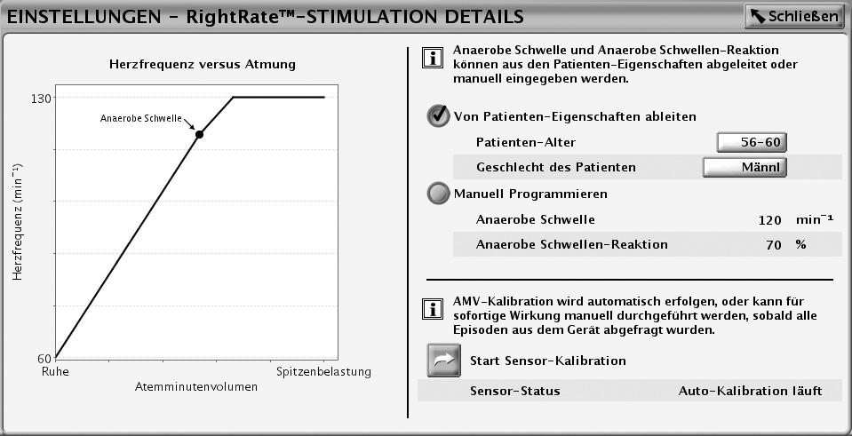 2-46 Stimulations-Therapien Frequenzadaptive Stimulation und Sensor Trendanalyse Gesamtfrequenzreaktion zu zeigen (Abbildung 2 24 Anaerobe Schwelle und Anaerobe Schwellenreaktion auf Seite 2-46).