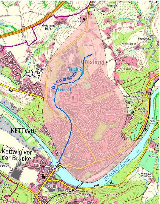 2 Gebietsbeschreibung Das Einzugsgebiet des s liegt südwestlich des Zentrums von Essen im Stadtteil Kettwig und hat gemäß Gewässerstationierungskarte (GSK, Version 3c) eine Flächengröße von 5,37 km².