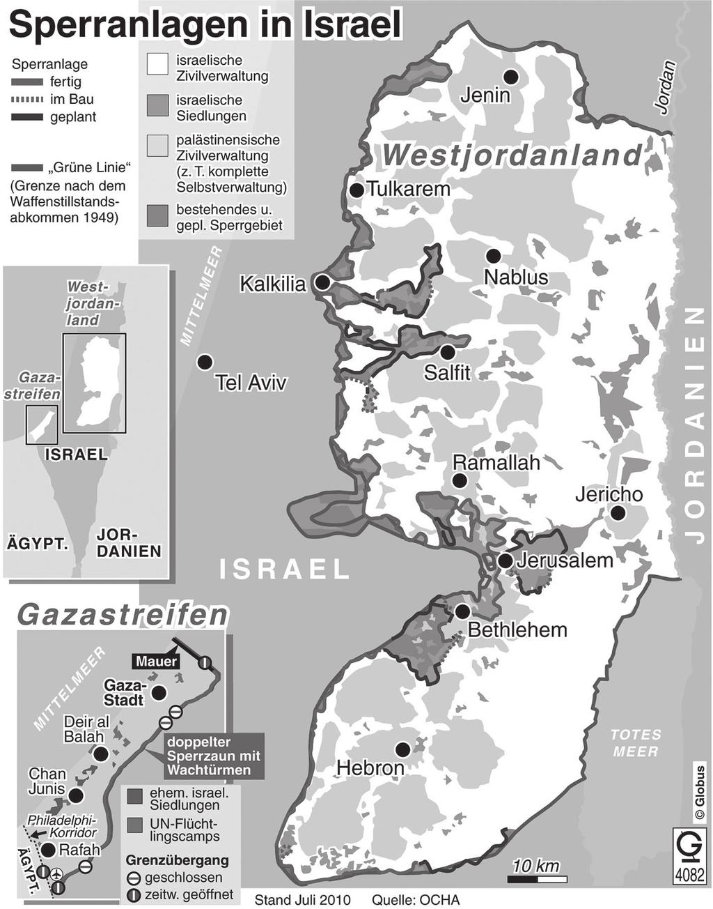Anmerkung: Seit dem Sechs-Tage-Krieg sind der Gazastreifen und das Westjordanland von Israel besetzt. Seit 1996 verfügen die Palästinenser über begrenzte Selbstverwaltungsbefugnisse.