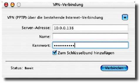 Schritt 11: Tragen Sie nun unter Server-Adresse folgende IP- Adresse ein: 10.0.0.138 Unter Name tragen Sie bitte den Benutzernamen laut den Zugangsdaten (nkl. @home) ein.