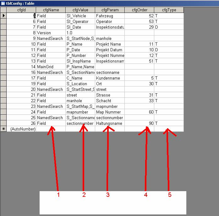 Einstellungen an der WinCan-MetaDB In diesen Tabellen lassen sich Felder einfügen oder entfernen.
