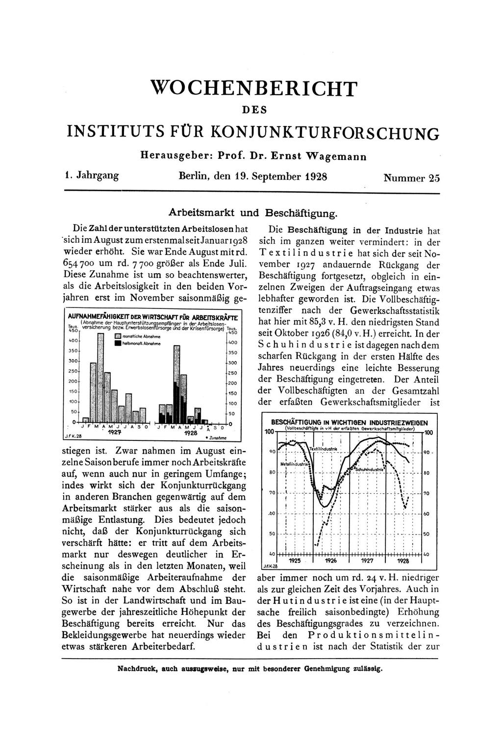 WOCHENBERICHT DES INSTITUTS FÜR KONJUNKTURFORSCHUNG Herausgeber: Prof. Dr. Ernst Wagemann 1. Jahrgang Berlin, den 19.