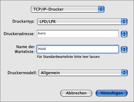 EINRICHTEN DER DRUCKFUNKTIONALITÄT UNTER MAC OS X 12 Geben Sie für einen TCP/IP-Drucker die IP-Adresse oder den DNS-Namen des Druckers in das Feld Druckeradresse ein und geben Sie die englische