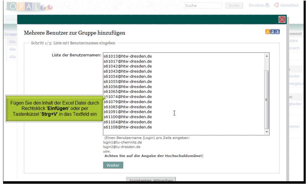 Nun haben Sie die Möglichkeit mehrere Benutzernamen in das Textfeld einzufügen. Die Benutzernamen der Teilnehmer entsprechen den e-mail Adressen, mit der sie bei OPAL registriert sind.