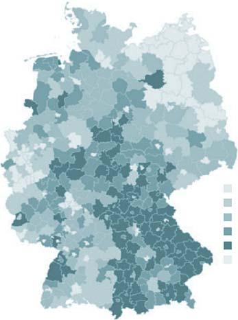 Darstellung illustriert, basierend auf den AOK-Daten der Jahre 2005-2009, die auf ein Jahr gemittelten regionalen Operationshäufigkeiten anhand der 414 Kreise und kreisfreien Städte.
