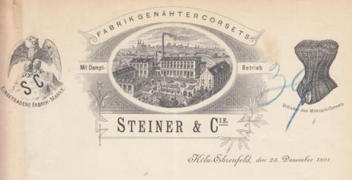 Manufacturwaren Gegründet 1820. Abb. des Geschäftshauses in der Mühlengasse 5-11, Dom un Rhein im Hintergrund. Abb. der Fabrikanlage.