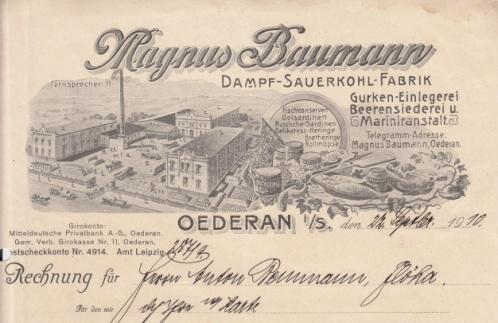 (E014) Los 350 Ausruf: 16 Oederan/Sachsen, 1910: Magnus Baumann, Sauerkohlfabrik Abb.