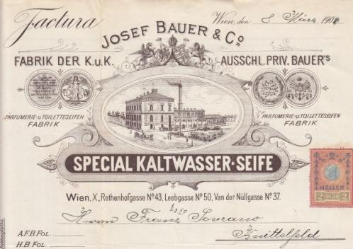 Los 387 Ausruf: 18 Wien, 1902: Josef Bauer & Co., Kaltwasserseife Abb. der Fabrik mit Straßen- u. Ladeszene.