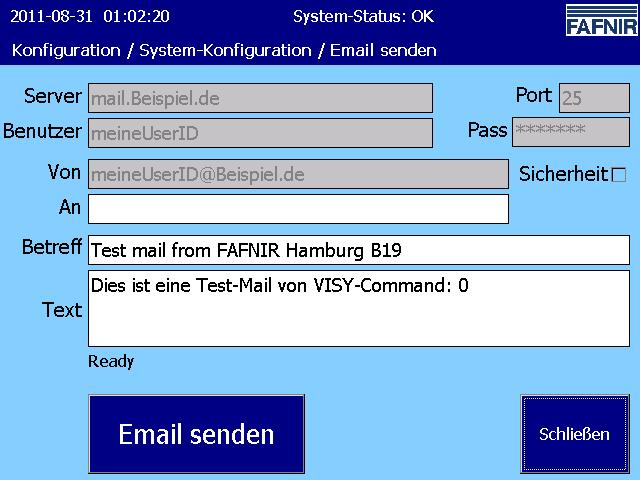 E-Mail senden (Test- Funktion) Hauptfenster -> System-Funktionen -> Konfiguration -> SMTP-Server -> E-Mail senden Zum Test der unter "SMTP-Server Postausgang" eingestellten Werte kann die Funktion