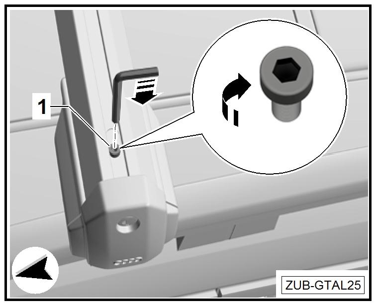 Lösen Sie mit einem Innensechskantschlüssel (M6) die Innensechskantschraube -1- am rechten Gehäuse so weit, bis sich das Gehäuse verschieben lässt. Der Grundträger verbleibt dabei auf dem Fahrzeug.