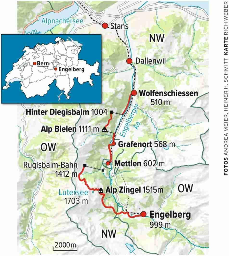 Die erste Etappe der mehrtägigen Buiräbähnli-Safari, die Engelberg Tourismus empfiehlt, hat es in sich: Von Engelberg auf1000 Meter bis zum Lutersee müssen wir zuerst 800 Höhenmeter überwinden.