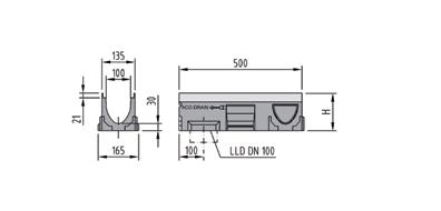 Rinnenkörper V 100 für senkrechten/seitlichen Anschluss Länge 100 cm mit Lippenlabyrinthdichtung für senkrechten Anschluss DN 100 Typ passend zu Typ Höhe H cm kg Stk/ Pal.