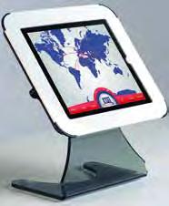 Futuristic floor stand for digital kiosk applications in portrait or landscape mode. Suitable for 9.5" to 10.6" tablets. The bracket can be adjusted in inclination angle and length.