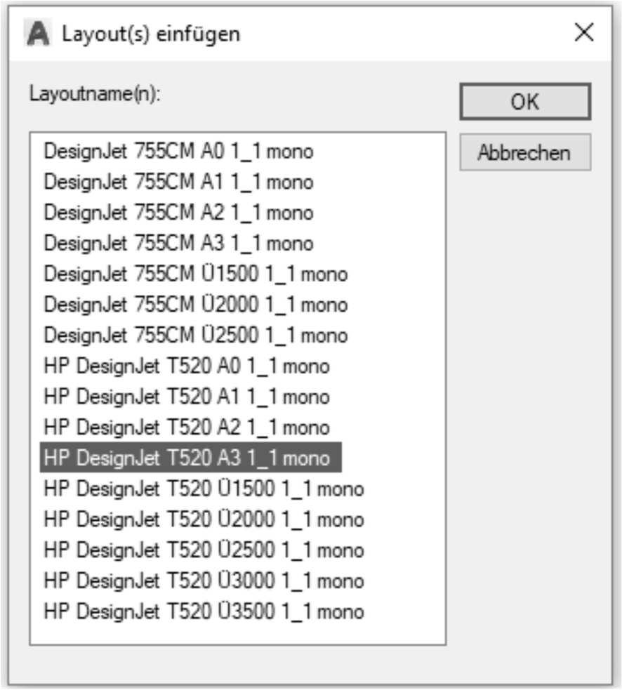 3.3.5 Layouts importieren Layouts können mit folgendem Befehl aus der DWG- oder DWT- Datei importiert werden.