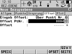 SEITE (F6) wechselt zur Seite BEZ-EBENE Neue Bezugsebene, Offset. BEZ-EBENE Neue Bezugsebene, Seite Offset SPEIC (F1) berechnet und speichert die Bezugsebene. OFSET (F5) Verfügbar, wenn <Offset PtNr.