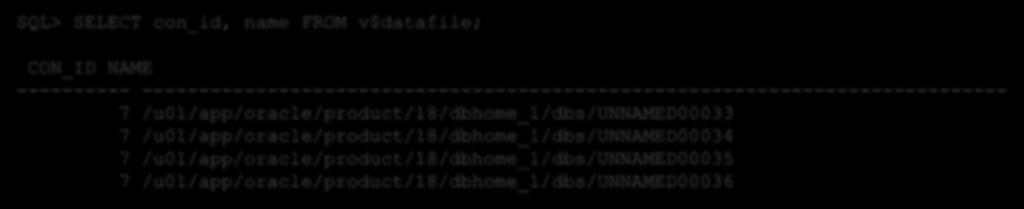 Standby Datenbank SQL> SELECT con_id, name FROM v$datafile; CON_ID NAME ---------- ---------------------------------------------------------------------------- 7