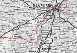 3. Etappe: Ravensburg Brochenzell 14,5 km Durch das ältere Wohngebiet der Weststadt führt der Weg hinauf, bis wir beim Wasserspeicher die Stadt verlassen und dem Waldweg in Richtung Südwesten folgen