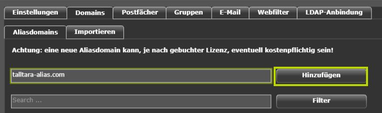 Tragen Sie im oberen Feld den Namen der Aliasdomain ein. Anmerkung: Tragen Sie Domains immer nach der Form kundendomain.tld ein. 5.