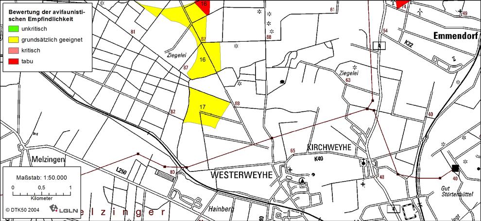 Abbildung 10: Potenzialfläche 17 (1.000m nordwestlich Westerweyhe) Tabelle 11: Bewertung der Potenzialfläche 19 (1.000m nördlich Gerdau) 19 (1.