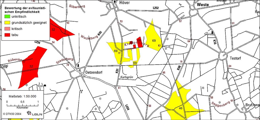 Abbildung 54: Potenzialfläche 69 (1.000m südlich Höver) Tabelle 56: Bewertung der Potenzialfläche 70 (1.000m östlich Bohndorf) 70 (1.