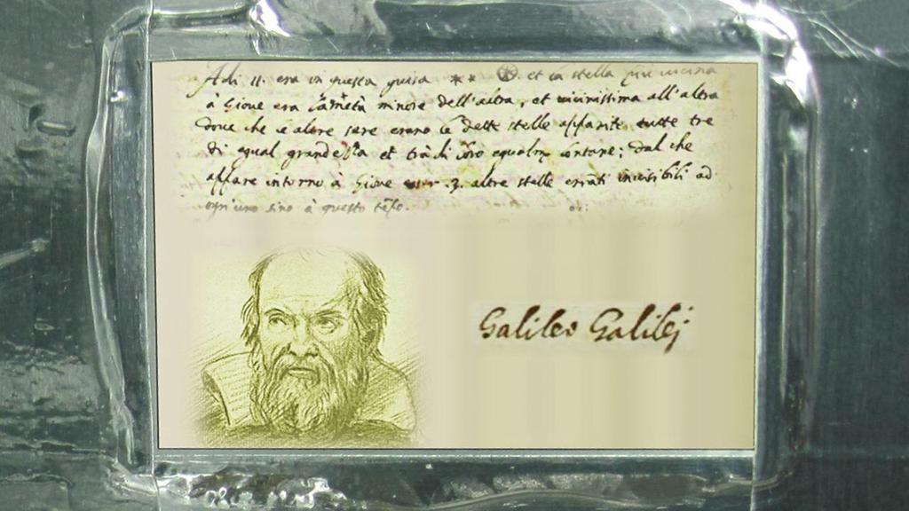 und einer handschriftlichen Notiz von Galileo Galilei sowie drei